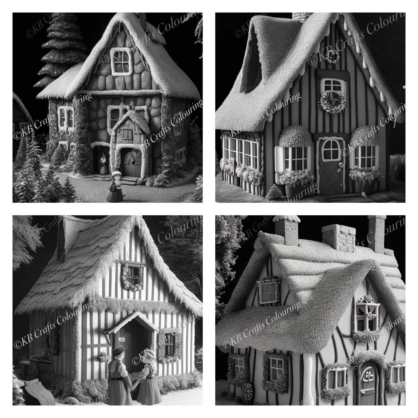 Sweet Cottages, Light and Dark Greyscale AI versions.
