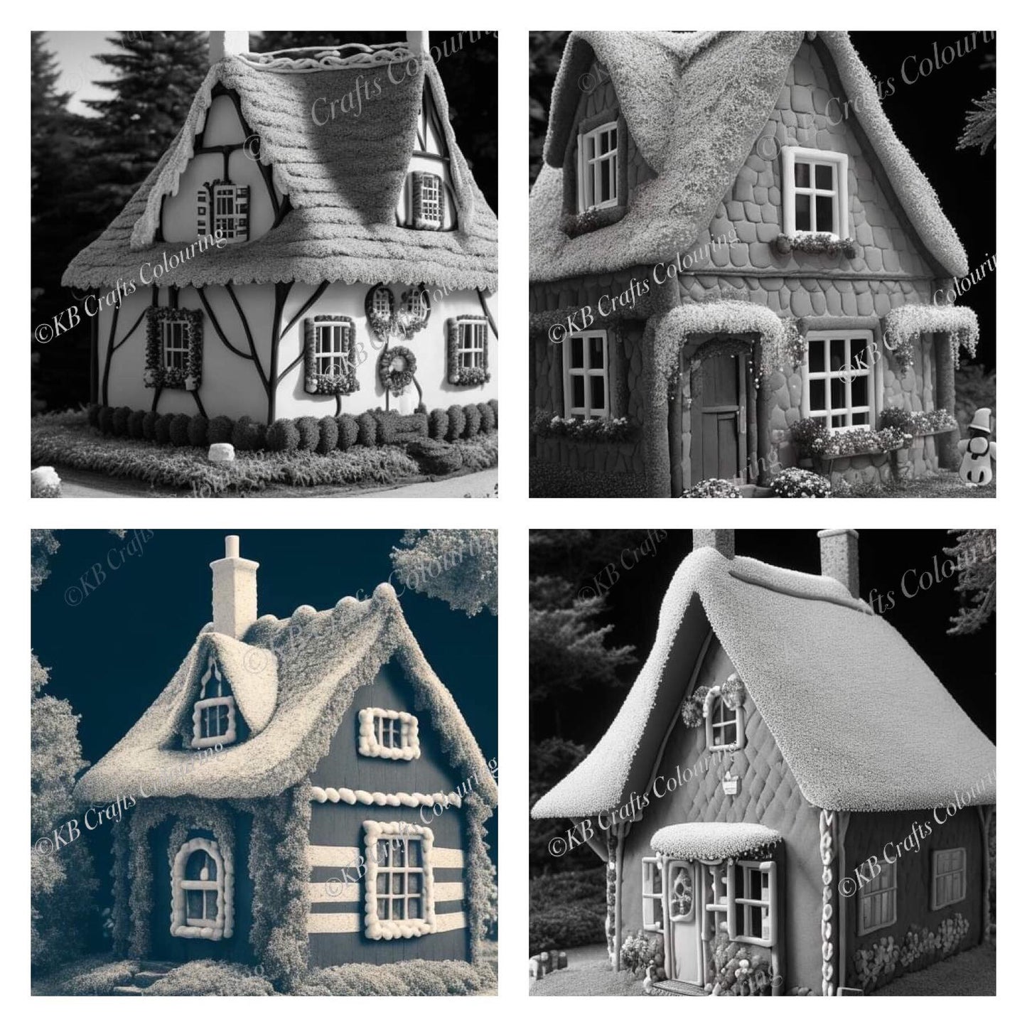 Sweet Cottages, Light and Dark Greyscale AI versions.