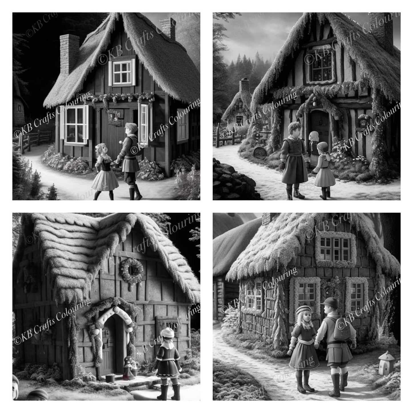 Sweet Cottages, Light and Dark Greyscale AI versions.