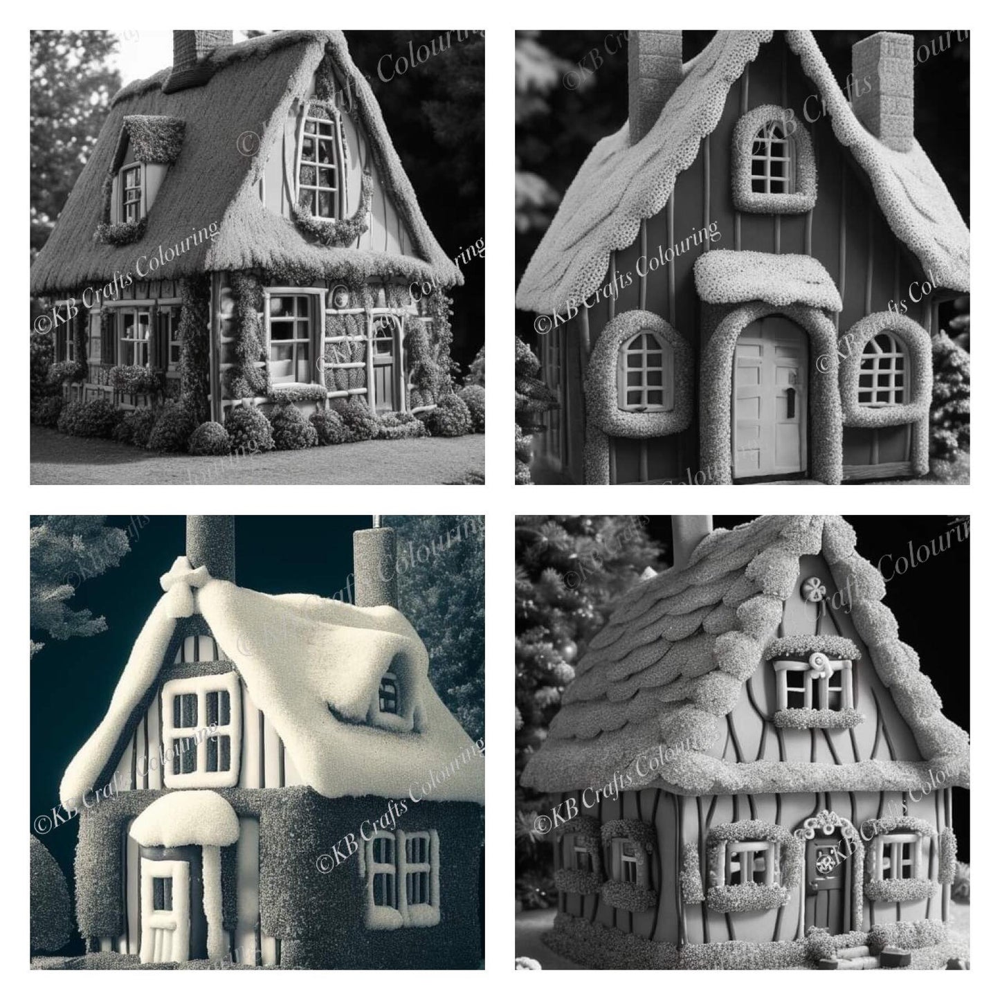 Sweet Cottages, Light and Dark Greyscale AI versions.