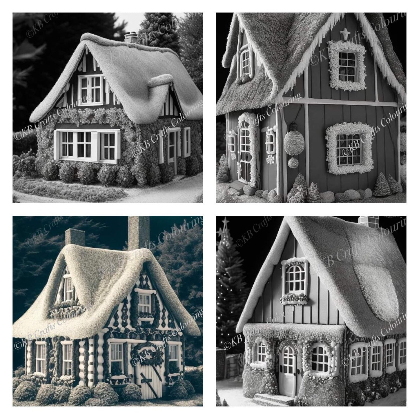 Sweet Cottages, Light and Dark Greyscale AI versions.